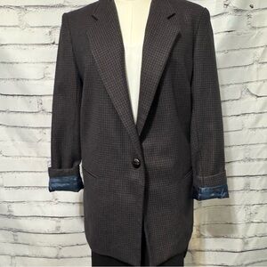 Vintage Dumas USA Wool Blend Houndstooth Blazer Brown Blue Large